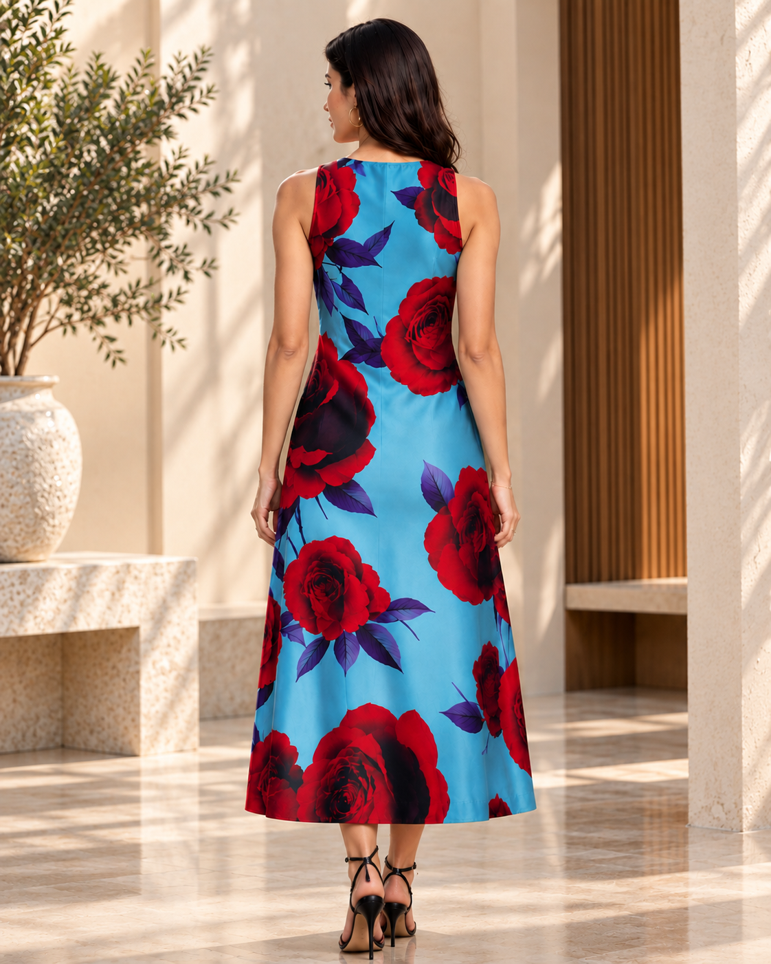 Aurelia Aqua Blue Floral A-Line Midi Dress for Women | KLEYA Fashion
