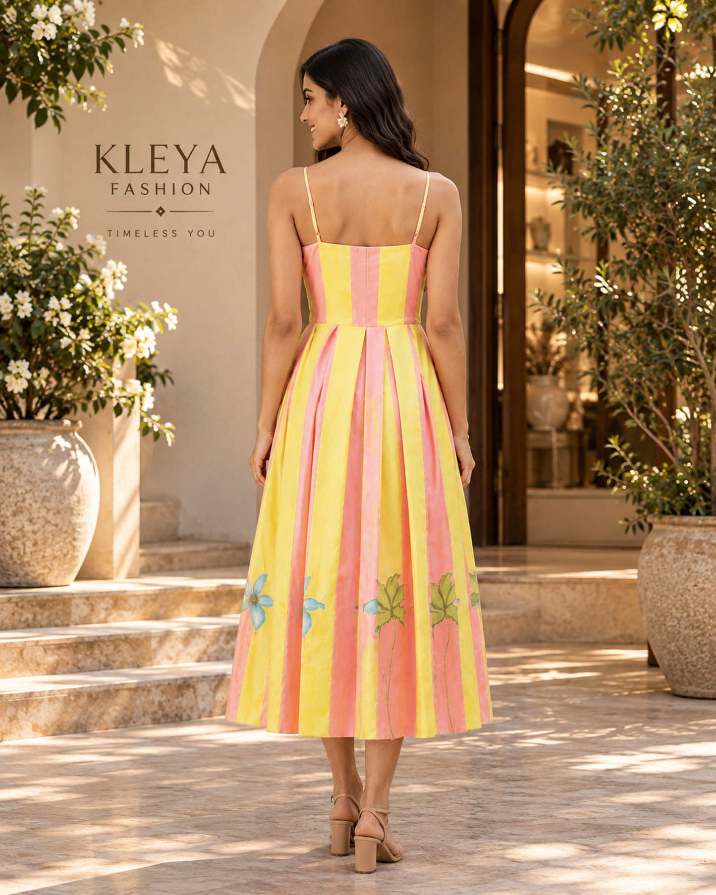 PRINTED BOX PLEATED MIDI DRESS
